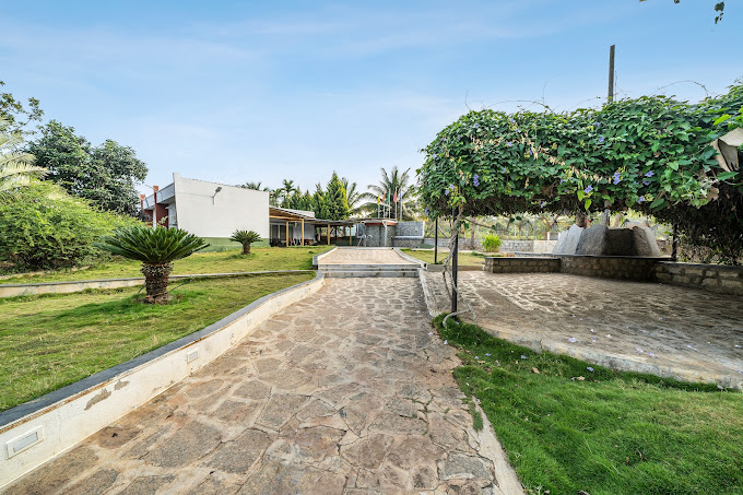 Outdoor seating area with views of the farmhouse landscape